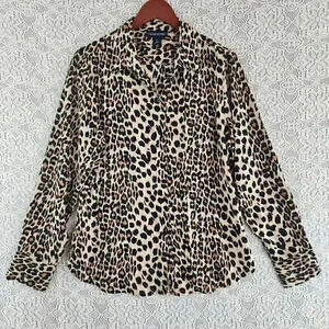 Cynthia Rowley Tiger Animal Print Button Up Long Sleeve Women's Chiffon Blouse L